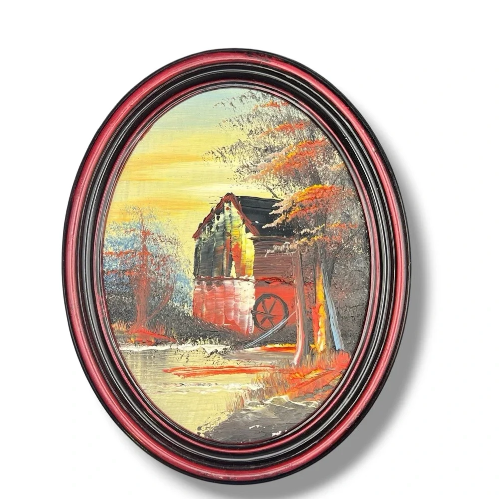 Vintage Four Seasons Impasto Oil Paintings Set 4 Oval Framed Landscape Wall Art